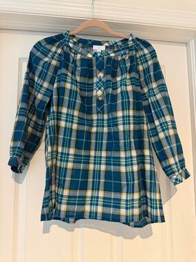 Women Blue Plaid Long-Sleeve Peasant Top